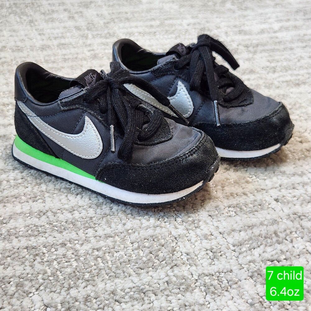 Nike Waffle Trainer sneakers shoes black silver green size 7 child DC6479-003